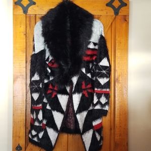 Black, white & red Indian print sweater coat with